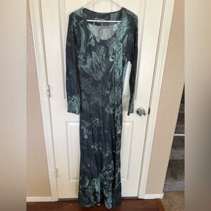 Soft Surroundings Green Abstract Print Maxi Dress Long Sleeve Size L